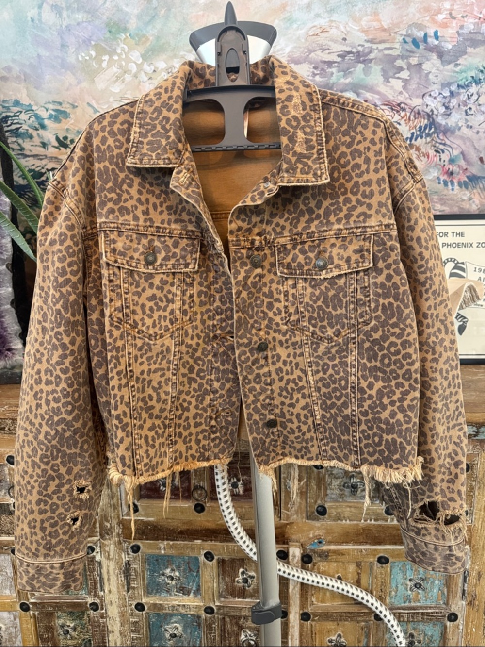 Free People🐆Leopard Distressed Denim Jacket Size S.